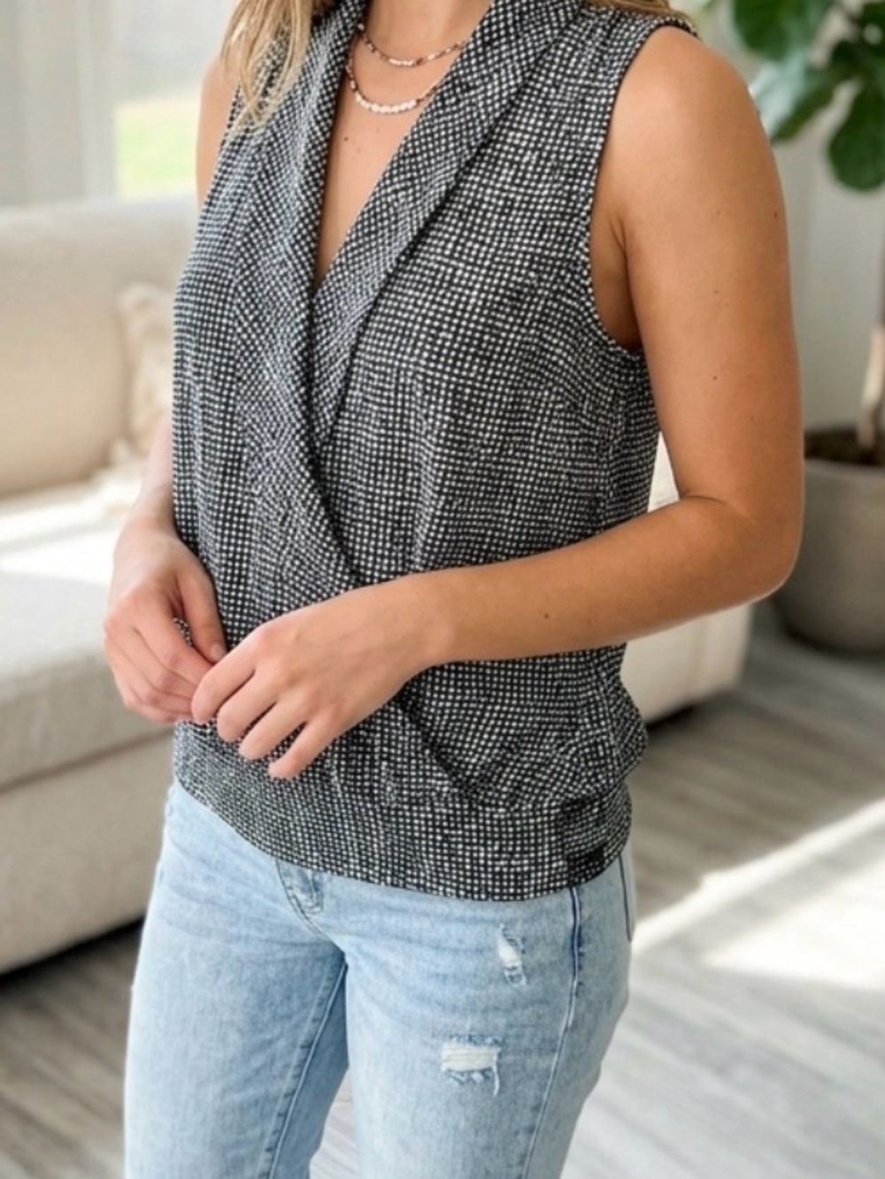 White House Black Market Black & White pattern Surplice Tank